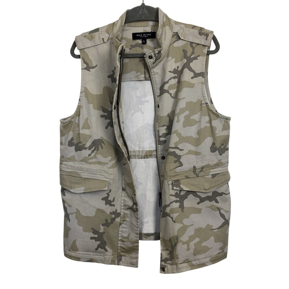 Max Jeans Green Camo Vest Size Large Military Utility Camouflage Snap Pocket